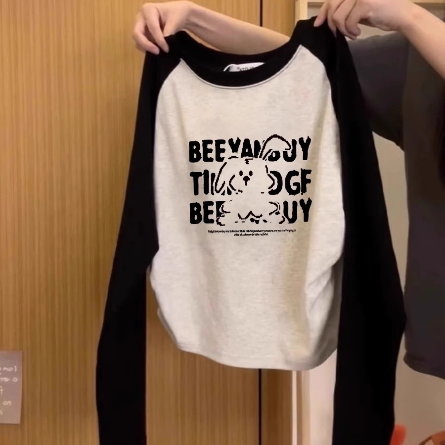 美式复古显瘦长袖t恤女2025新款小众设计感打底衫甜辣短款小上衣