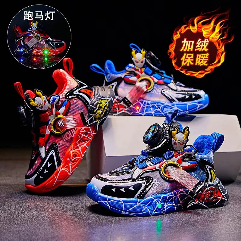 儿童鞋子秋冬新款奥特曼宝宝发光亮灯加绒跑步防滑软底男童运动鞋