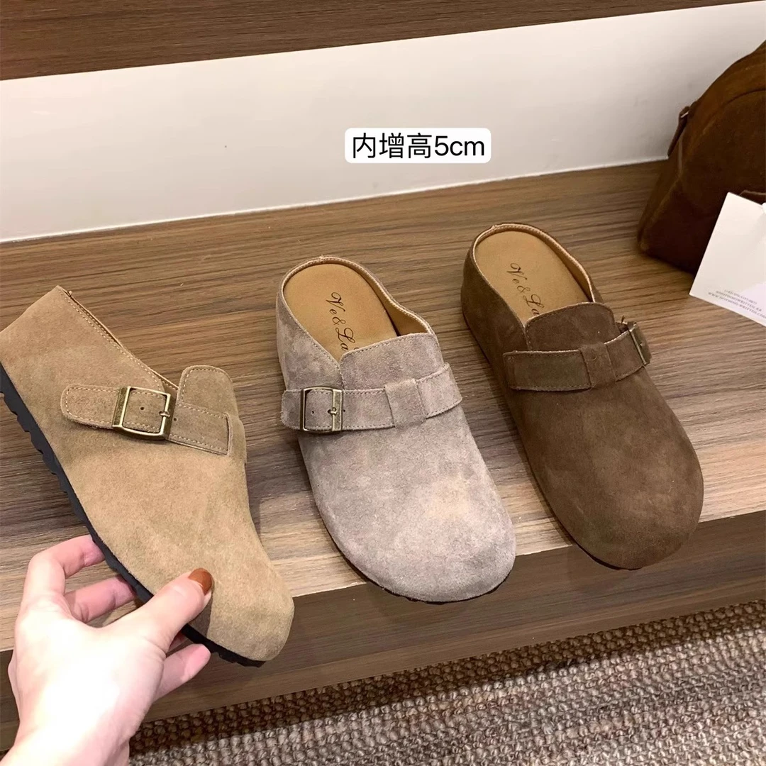 内增高牛反绒勃肯鞋拖鞋女鞋子外穿2024新款秋冬季半托博肯鞋单鞋