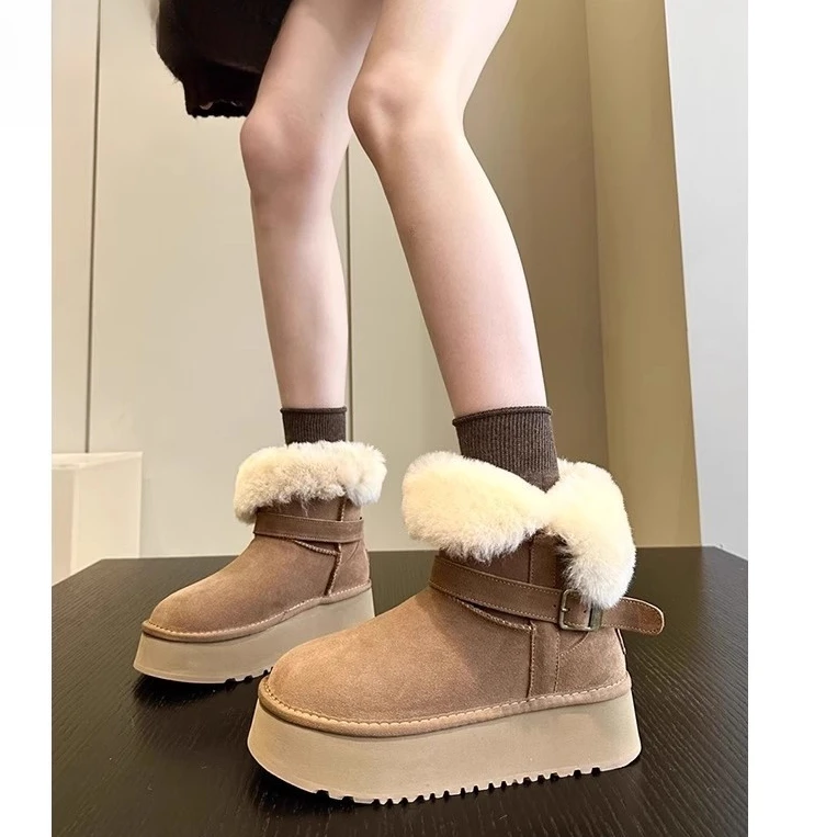 时尚2025新品冬季款4cm增高百搭防滑耐磨厚底加绒厚绒女士雪地靴