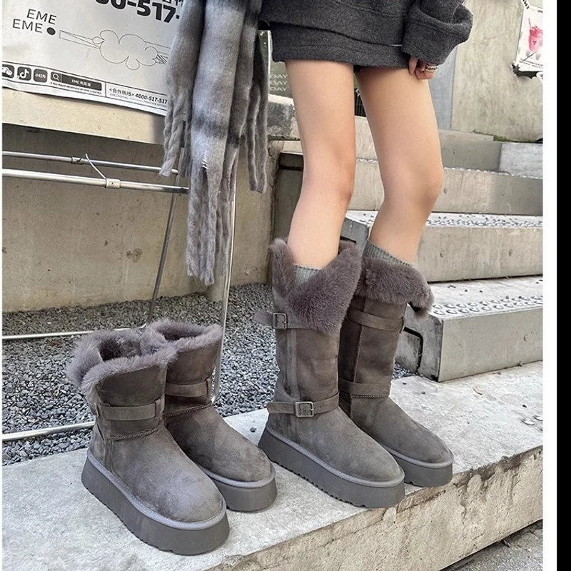 灰色雪地靴女2024冬季新款厚底增高加绒加厚长筒时尚百搭雪地棉鞋