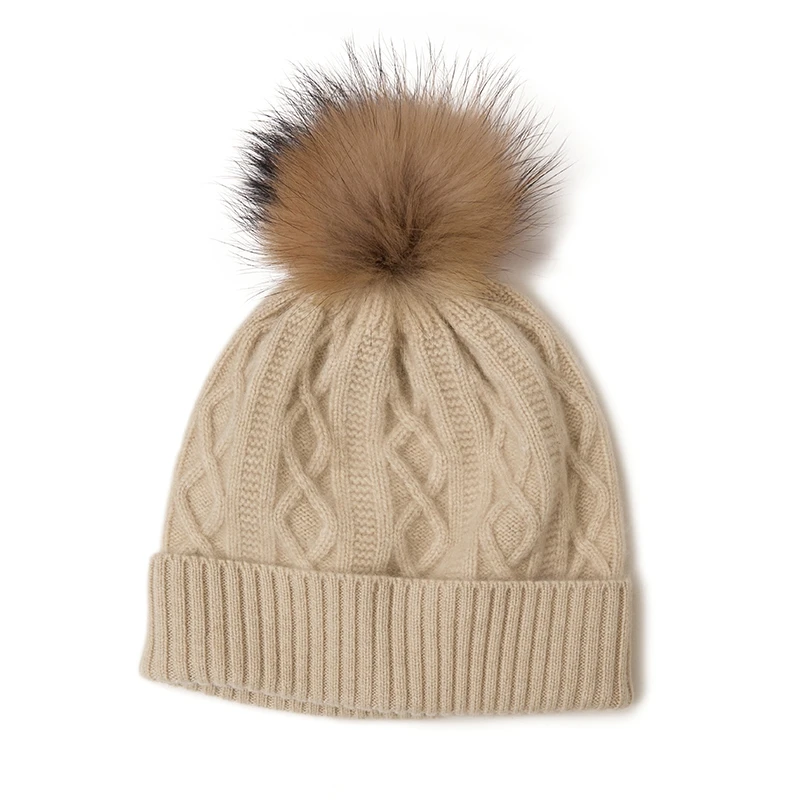 康赛妮秋冬100%纯山羊绒帽子女士重磅加厚狐狸毛球保暖护耳