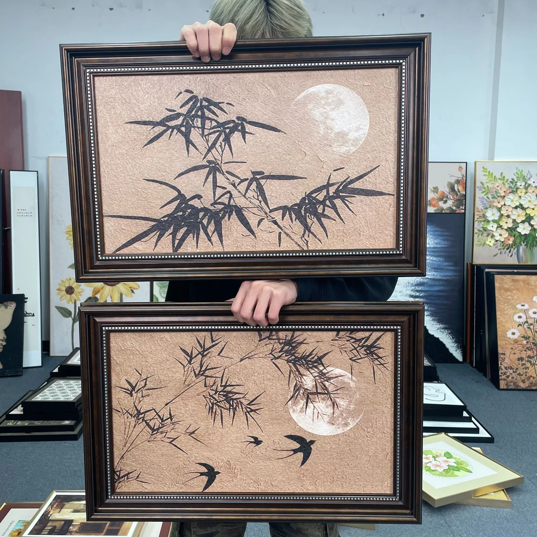 新中式中古风月亮竹子装饰画法式高级感餐厅客厅玄关挂画4060