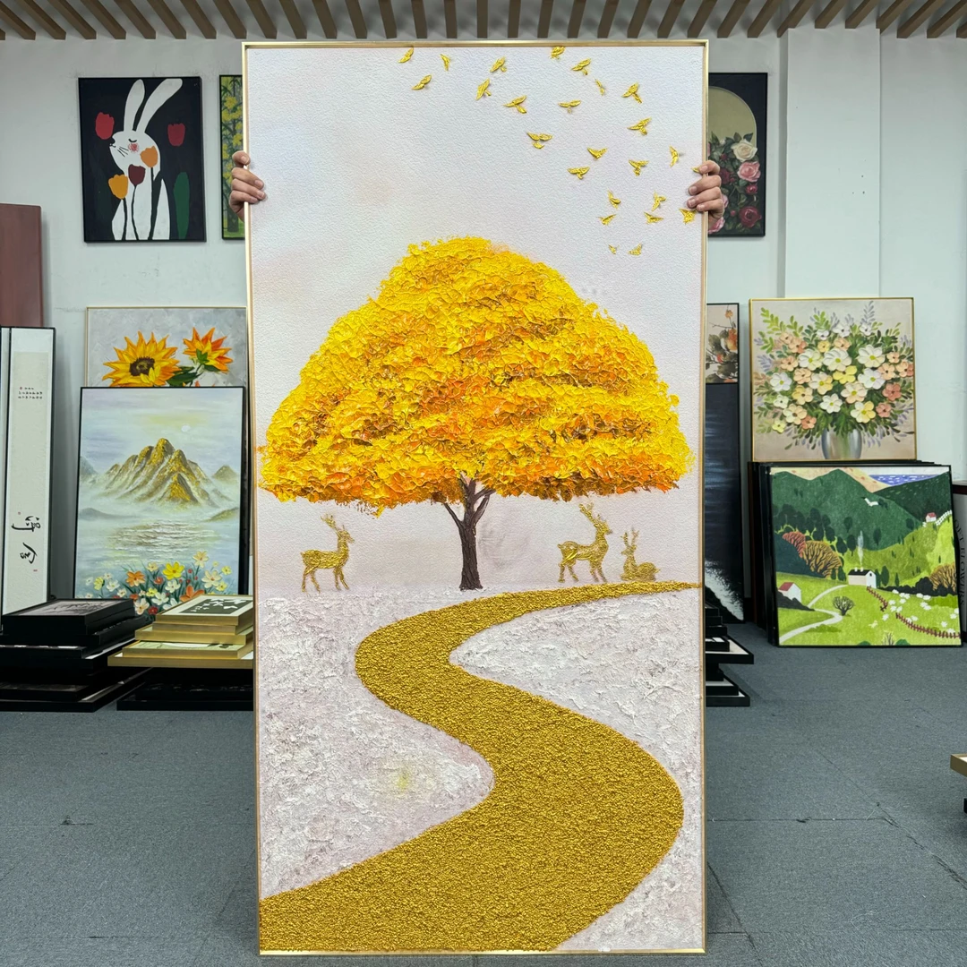 手绘油画金色发财树玄关背景墙装饰画肌理抽象客厅沙发挂画8160