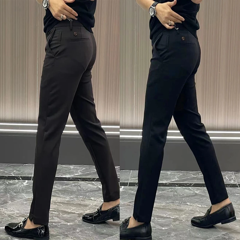 欧货新款商务男裤开叉秋冬小脚裤弹力百搭潮流男士显瘦黑色休闲裤