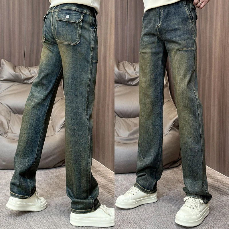 男士牛仔裤欧货2025新款高档休闲裤男复古兜盖百搭痞帅潮男长裤子
