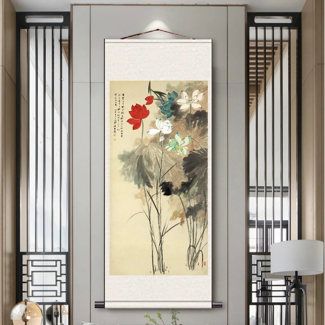 （五色荷花）客厅书房茶室国风挂画装饰画