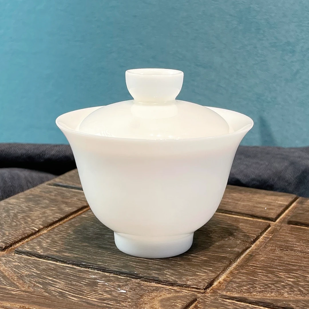 冰种玉瓷纯白手工精修高温陶瓷二才盖碗90ml功夫茶具高品质家用