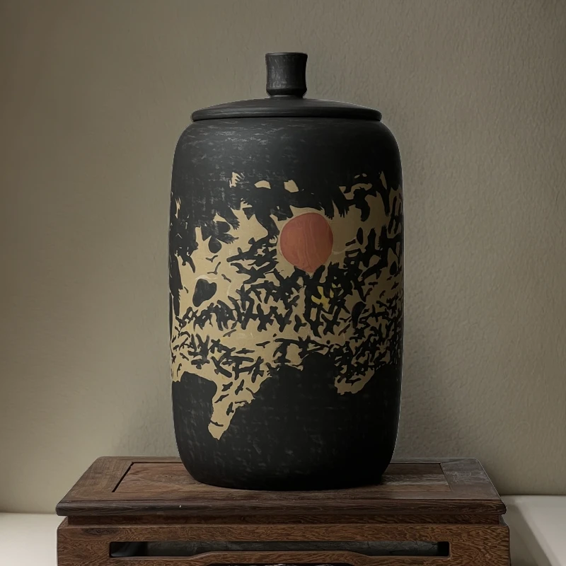 夕阳飞鸟建水紫陶纯手工打磨刻填醒茶罐