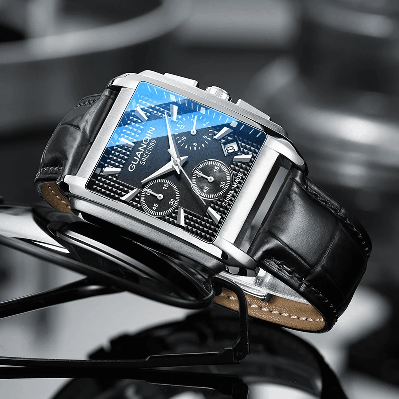 正品冠琴长方形手表男士石英表防水真皮带时尚潮流大表盘夜光腕表