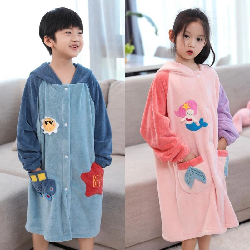 儿童浴巾浴衣男女中大童洗澡吸水速干带帽带袖子长款可穿式浴袍