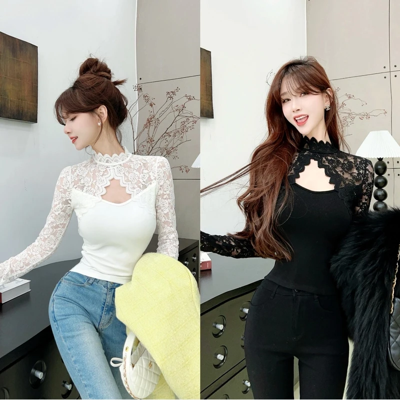 《娇欲美人》加绒气质立领带钻蕾丝打底衫 （衣长50）（#8375）