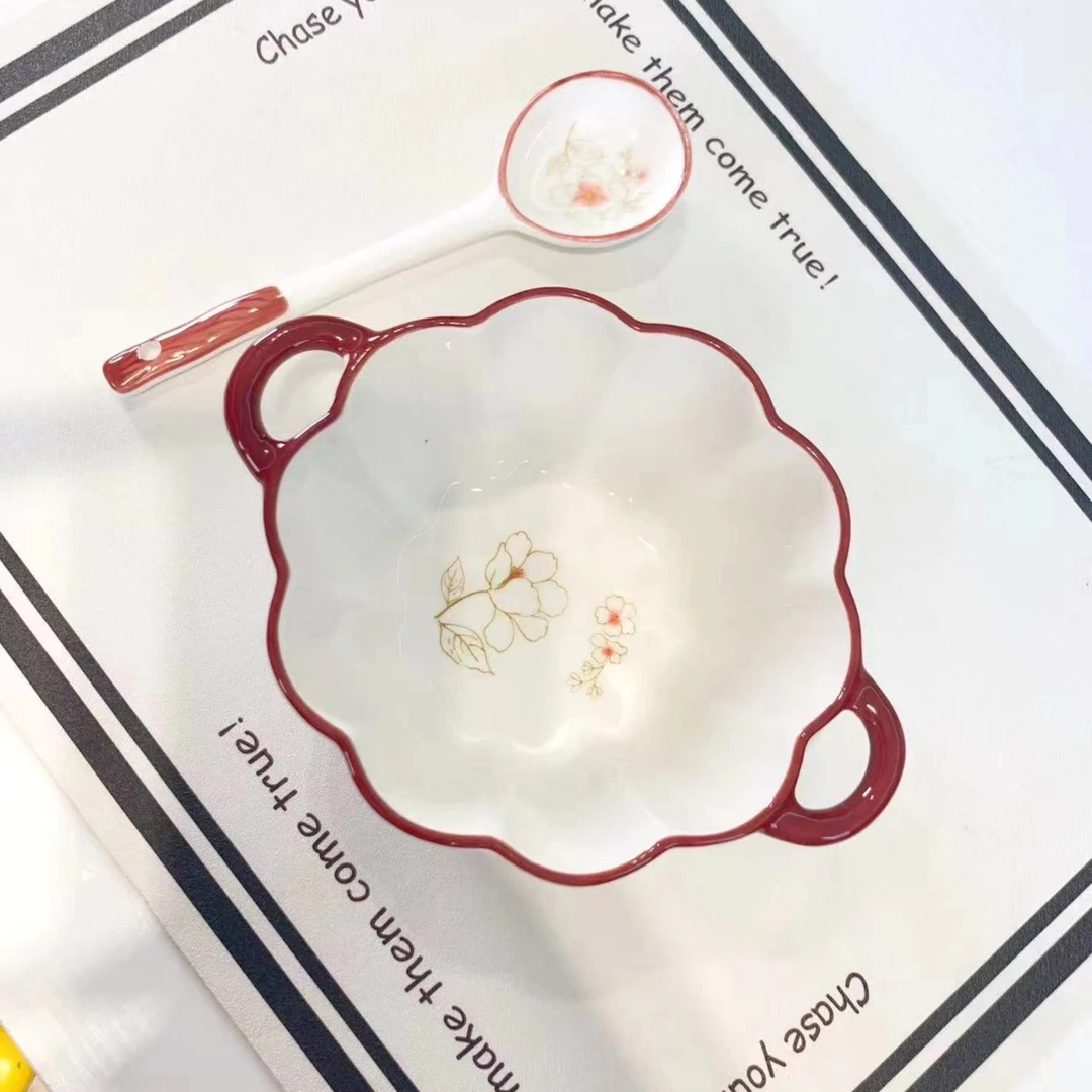牡丹花陶瓷双耳碗家用水果沙拉碗甜品碗勺子