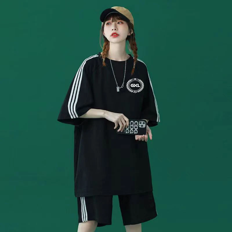 休闲两件套装女2025夏季新款短袖短裤跑步宽松慵懒风小个子运动服