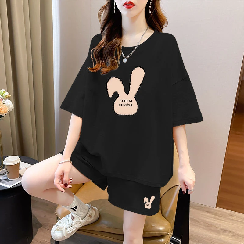 卡通短袖短裤两件套大码女装夏季胖妹妹宽松遮肉休闲运动风套装女