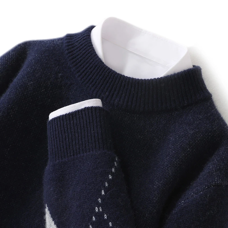 秋冬纯羊毛衫男款圆领套头撞色毛衣宽松休闲羊毛菱形针织打底衫