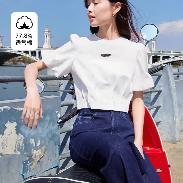 【直播专享】X642608 T恤 香影泡泡袖白色女夏季新款宽松短袖体