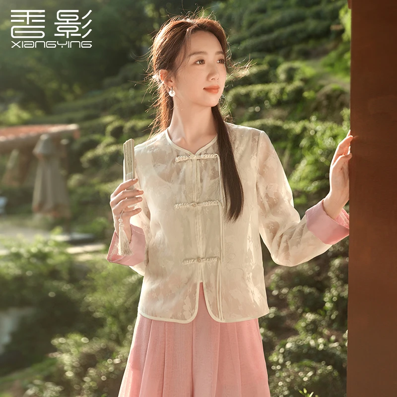 J843080短外套 香影新中式国风衬衫女2024夏季新款长袖米白色盘