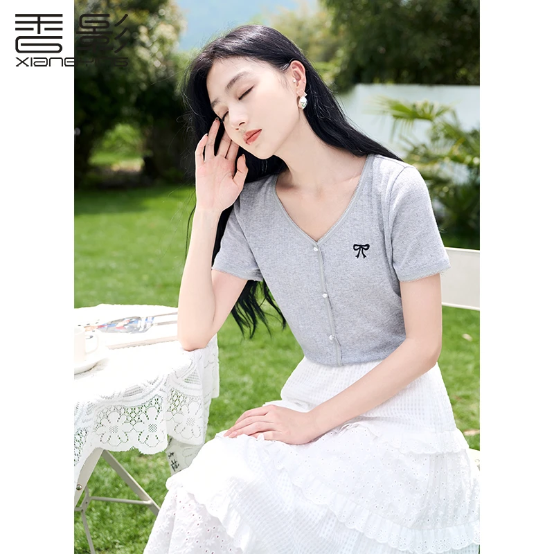 粉丝专享X842432 T恤 香影v领休闲短袖女夏季新款甜美显瘦i