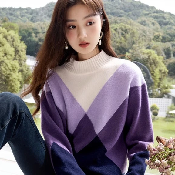 N634649毛衣 香影纯羊毛半高领毛衣女2024秋冬季新款宽松撞色套头