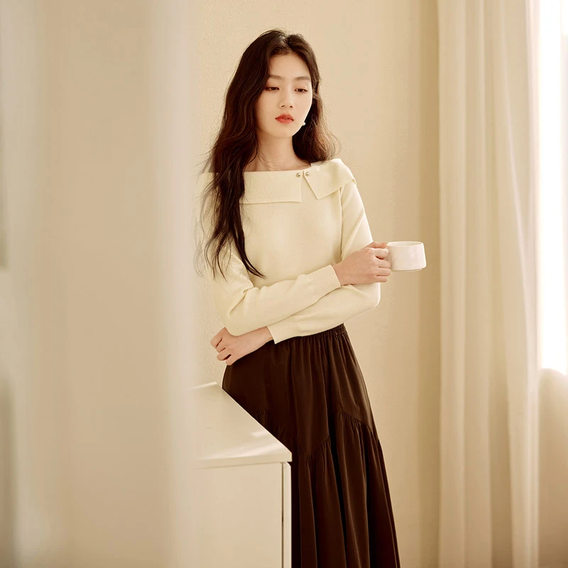 【CC王专属】N844415毛针织衫香影一字肩翻领针织衫女25冬季新款