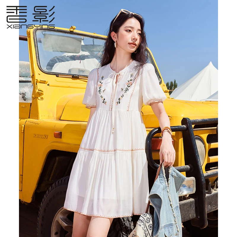 Q842333连衣裙 香影重工刺绣女装连衣裙2024夏季新款泡泡袖高腰