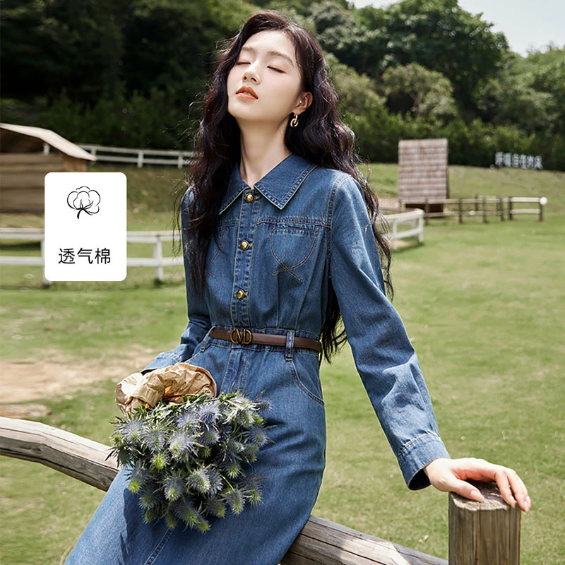 Q643652连衣裙 香影复古牛仔连衣裙女长袖2024春秋季新款通勤