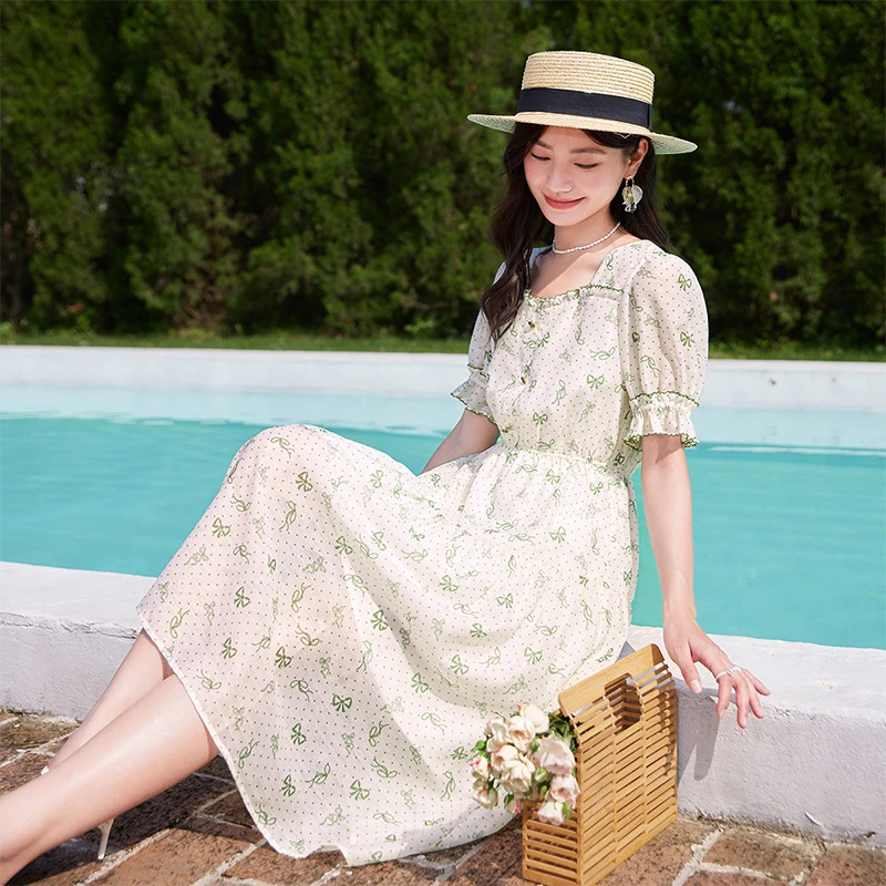 【大福专属】Q832463连衣裙 香影碎花方领连衣裙女夏装新款蝴蝶