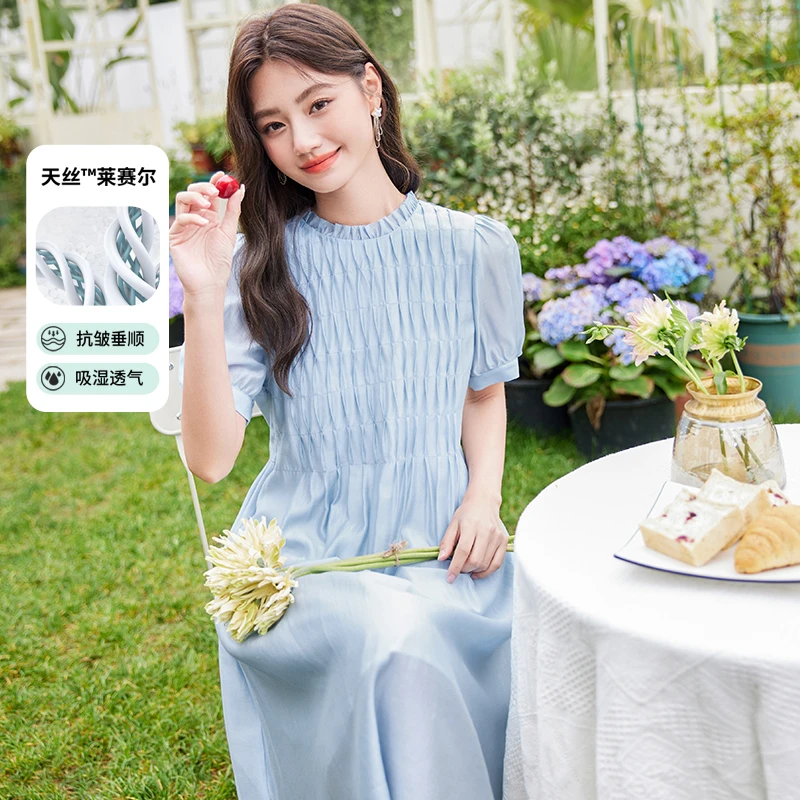 Q832472连衣裙 香影泡泡袖天丝法式气质连衣裙女2023夏装新款压褶