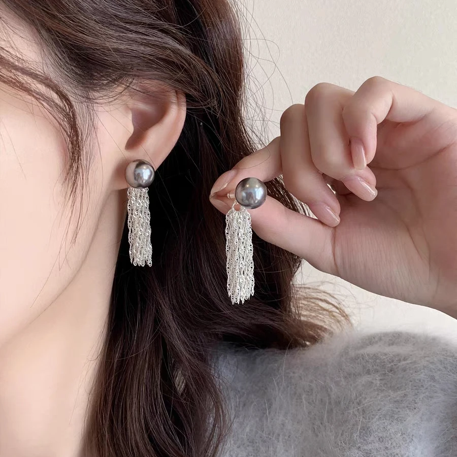 铜合金仿珍珠耳饰 五金女孩法式复古赫本风链条流苏两戴灰珠耳钉