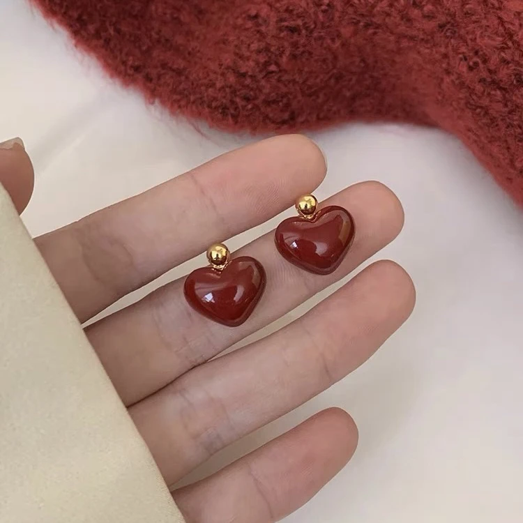 铜合金珐琅耳饰 小众设计款轻奢气质红色珐琅滴釉ins桃心耳钉少女