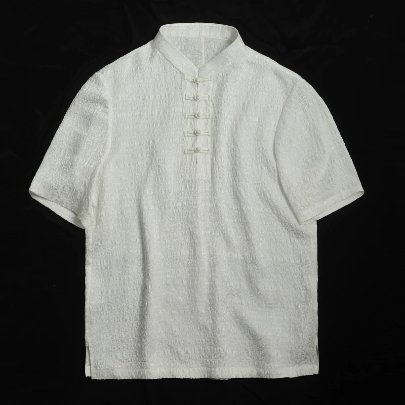 23C538【男款】春夏新款桑蚕丝冠乐绉短袖上衣衬衫T恤
