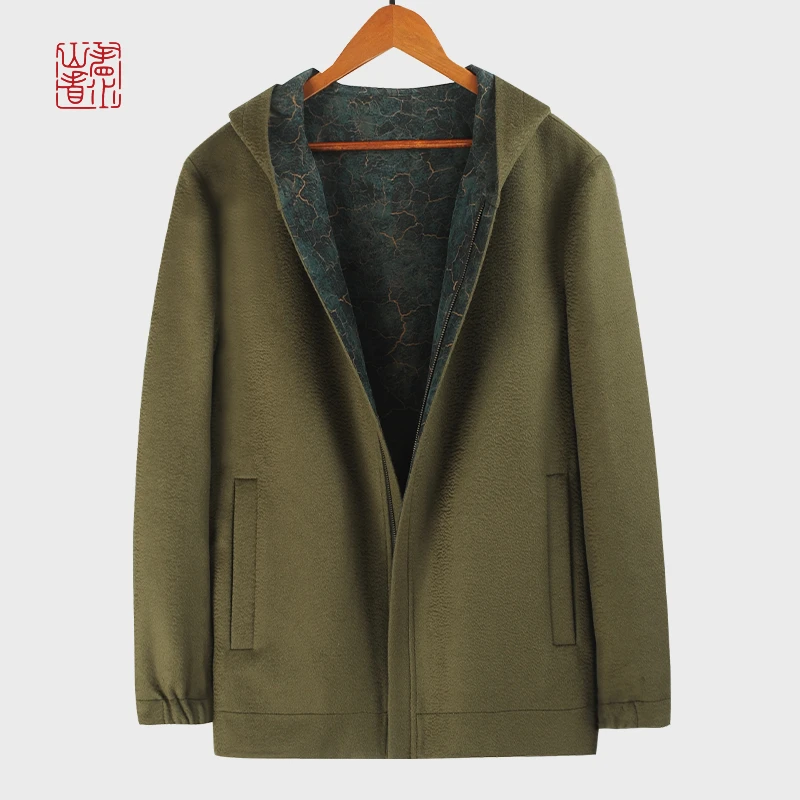 88100双面拉链连帽外套桑蚕丝水波纹羊毛呢龟纹香云纱男士夹克冬