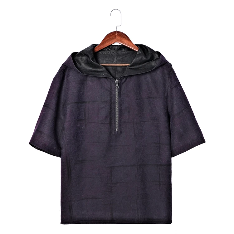 88285 男士双面拉链帽衫夏季时尚桑蚕丝龟裂纹香云纱连帽百搭上衣