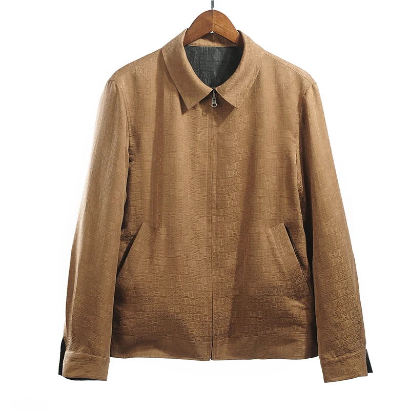 88003双面拉链衫 桑蚕丝提花缎/龟裂纹香云纱男士休闲长袖外套