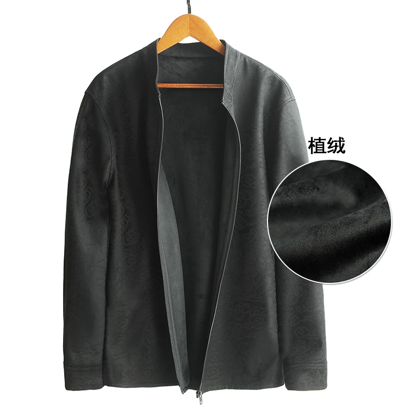 88087单面植绒立领衬衫 桑蚕丝提花绢纺香云纱男士长袖加绒外套