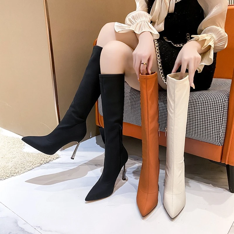 不过膝长靴女尖头中筒高跟瘦瘦靴金属细跟弹力黑色高筒靴5252林
