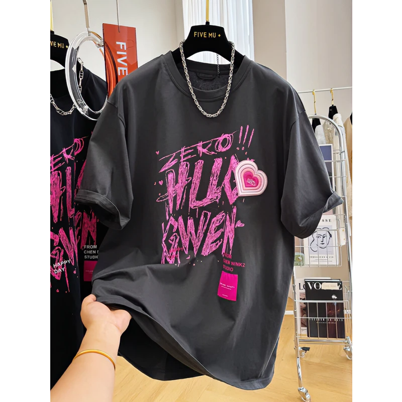 2024新款设计感别致欧货宽松字母印花独特圆领短袖T恤女夏季上衣