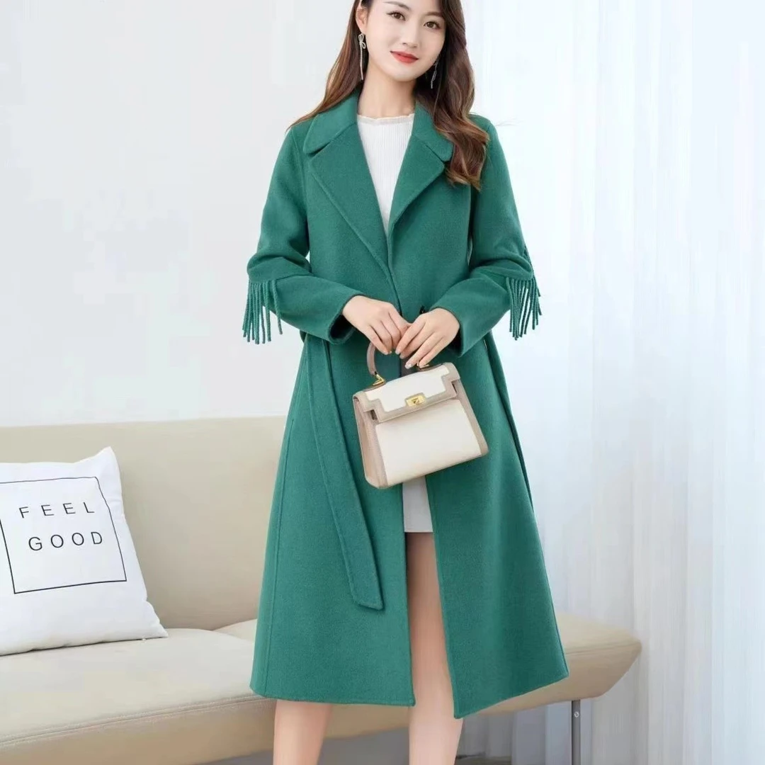 流苏款气质腰带纯手工双面羊毛大衣长款