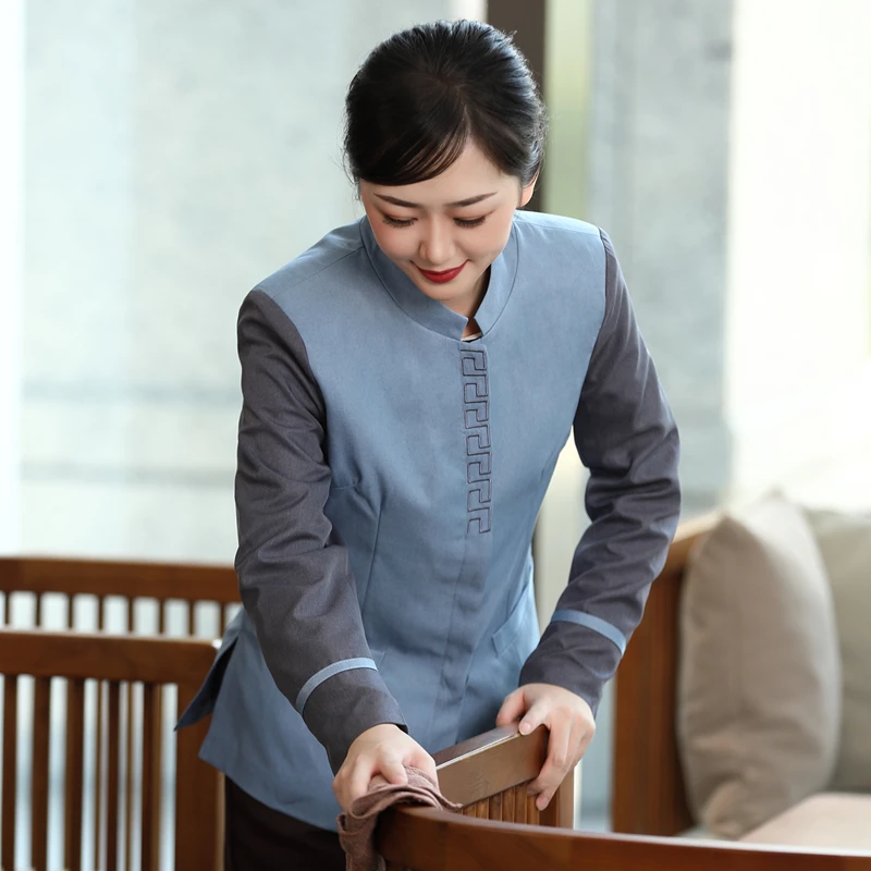 酒店宾馆客房保洁工作服长袖女物业中式餐饮后勤清洁工阿姨秋冬装