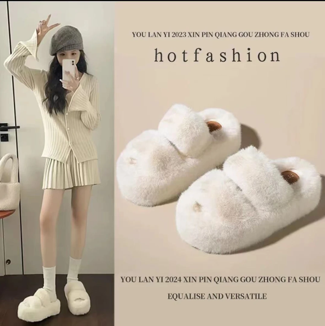 【买鞋送袜子】新款仙女风秋冬毛毛拖时尚外穿增高厚底百搭毛绒拖鞋