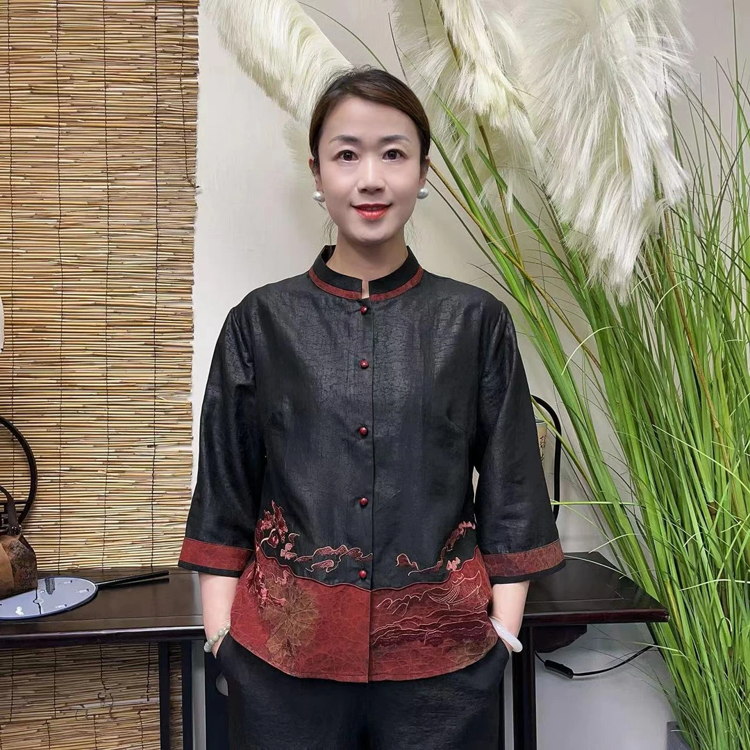 【华袍丝绸】香云纱中国风设计师款上衣MGFR-2A38女士复古刺绣长袖