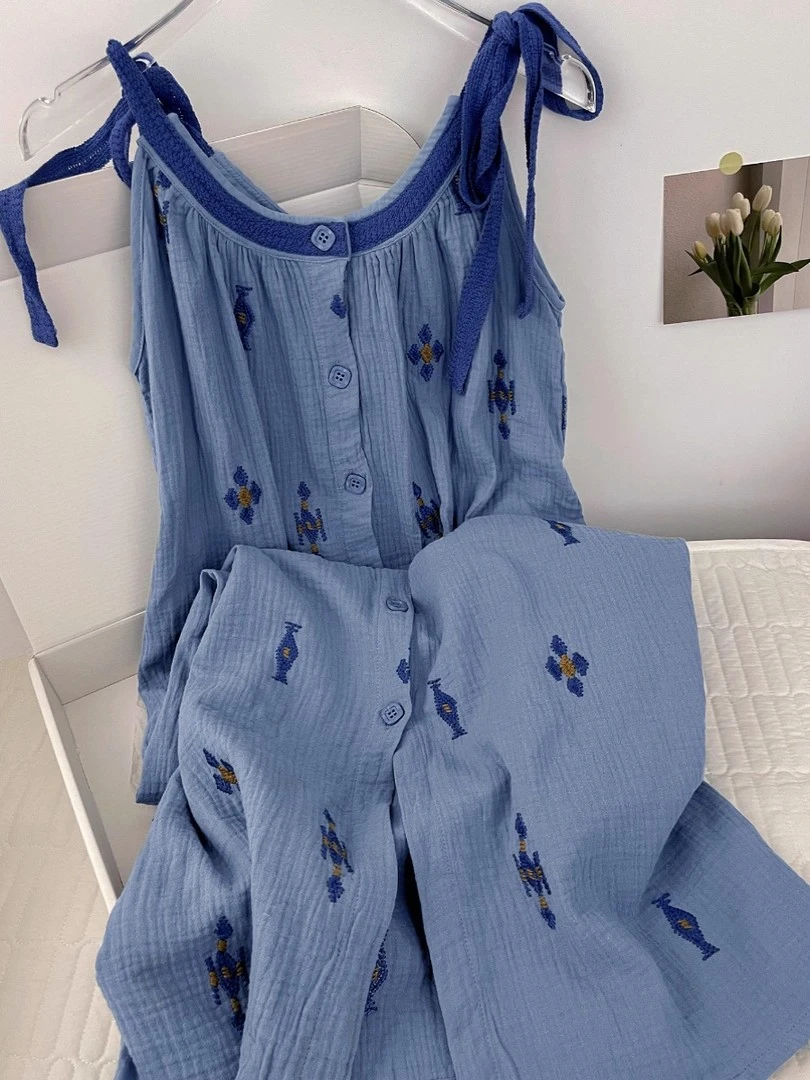 新中式双层纱布睡裙女夏款2024新款国风棉纱家居服休闲吊带长裙子