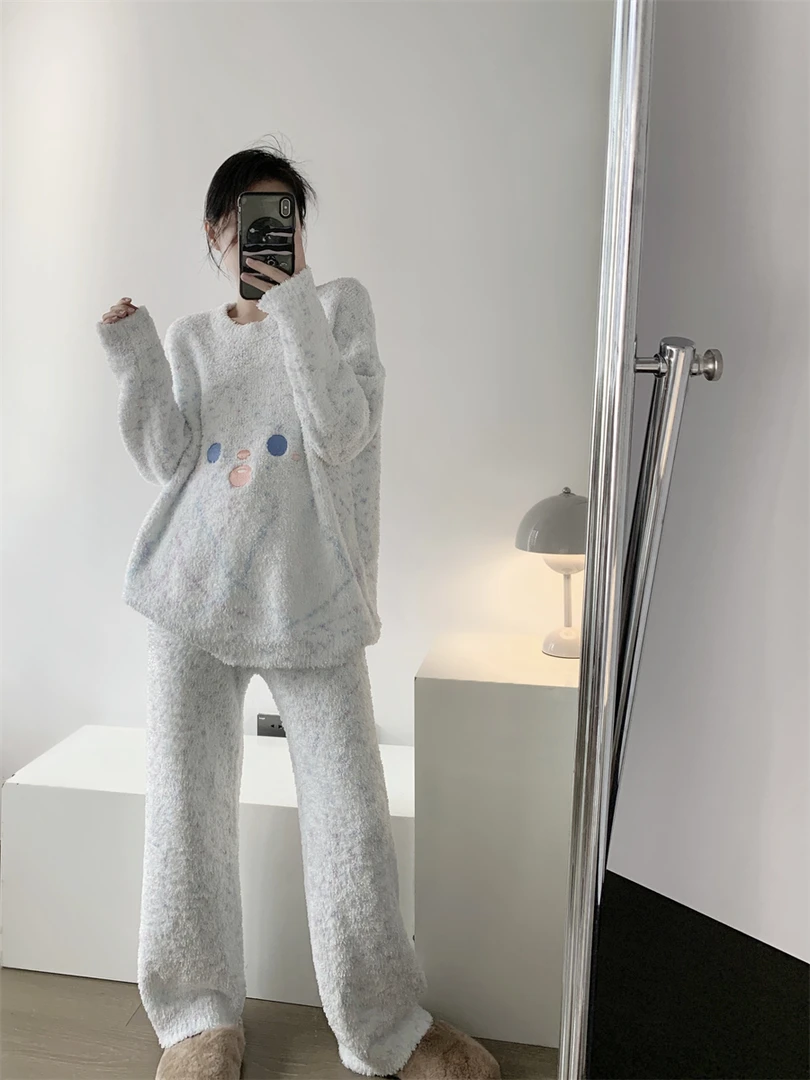 笑脸半边绒睡衣女冬季新款加绒加厚保暖家居服大码套装可外穿冬天