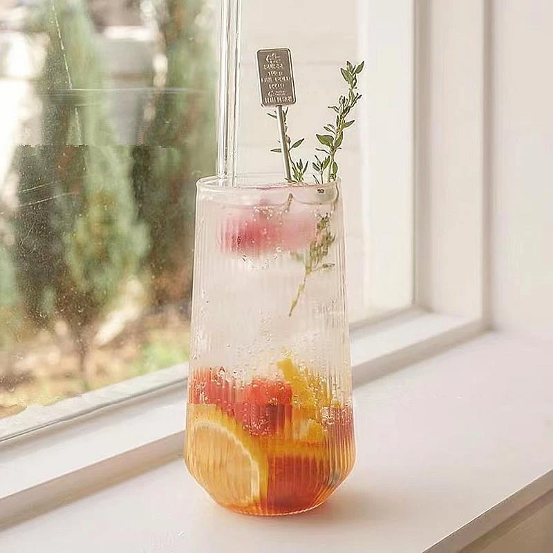 奥禾ins风水果茶杯冷饮果汁饮品杯条纹玻璃气泡水杯苏打水杯牛奶