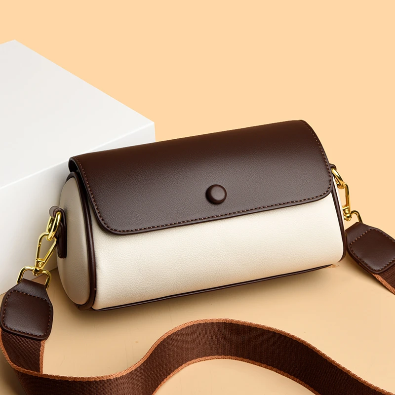 真皮包包女斜挎2024新款小众百搭软皮圆筒包高级感时尚撞色单肩包