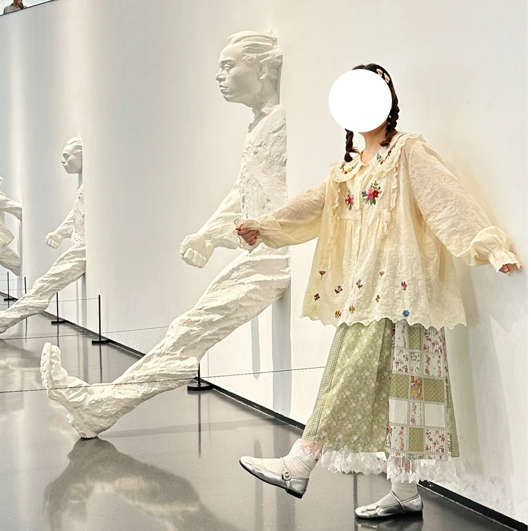 【莫奈花园两件套】新款森系田园风刺绣上衣+绿色拼接半裙可爱减龄
