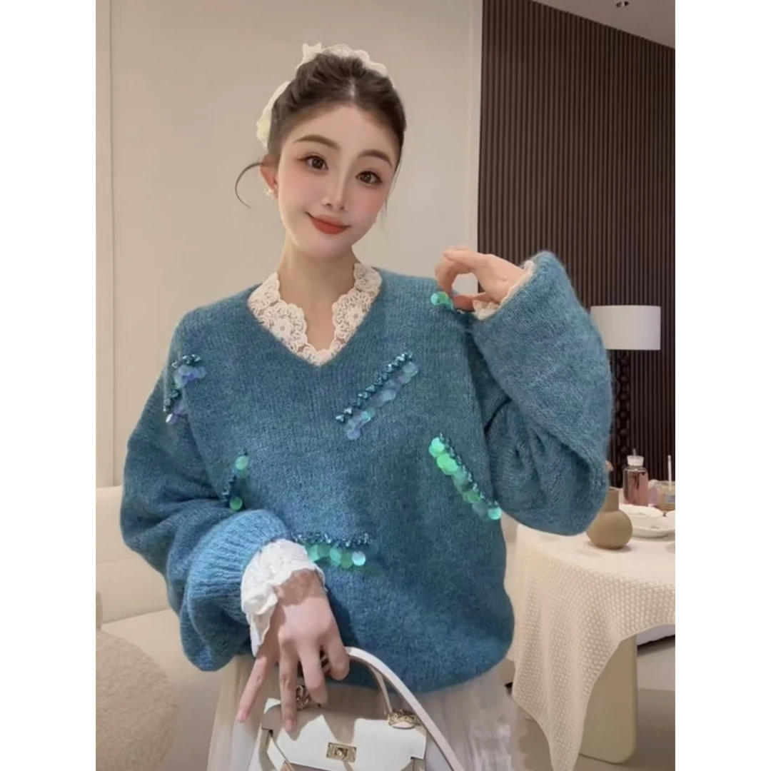 【现货秒发】-洋洋优选-秋冬新款重工亮片软糯V领套头毛衣YY70872