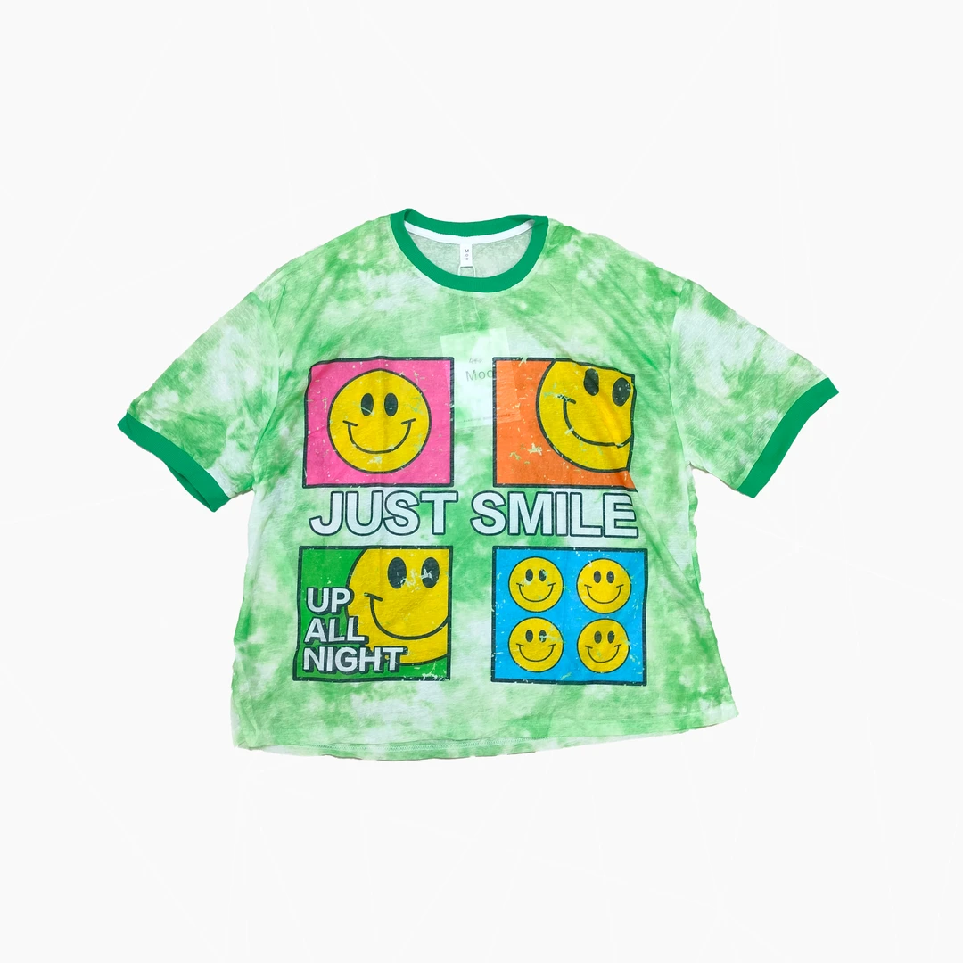 2024夏季新款宽松百搭时尚卡通印花笑脸扎染短袖T恤3840