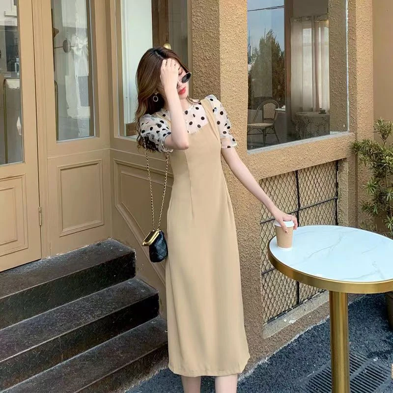 夏装女装法式复古圆领假两件韩版a字高档显瘦收腰连衣裙时尚小众